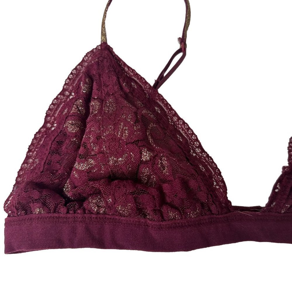 Burgundy With Gold Shimmer Lace Bralette Adjustable Spaghetti Straps M